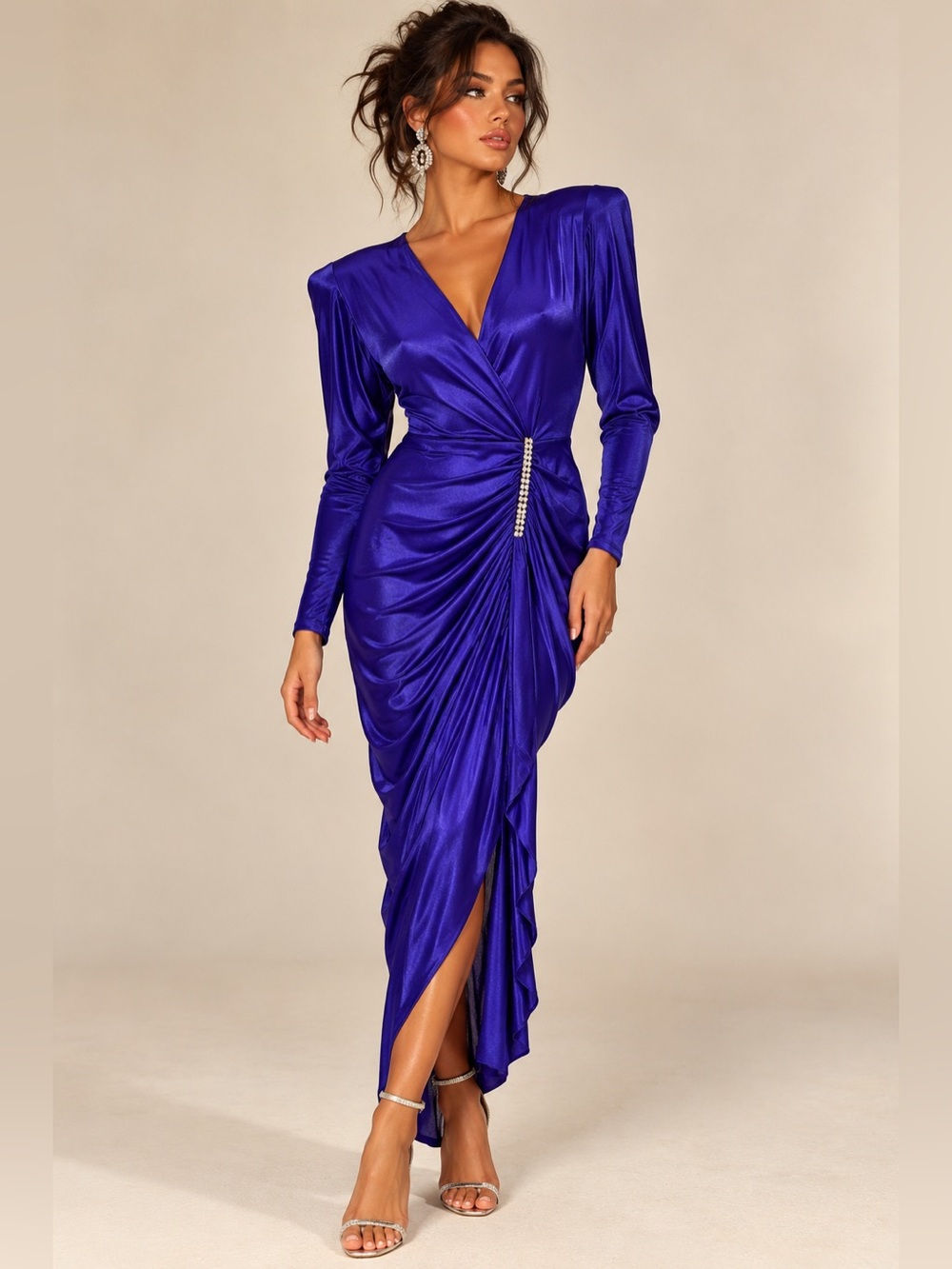 Vintage Rare 80s Night Moves Blue Violet Ruched Rhinestone Formal Dress XS